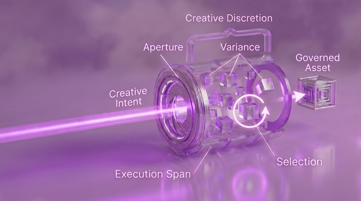 Conceptual illustration. A violet beam labeled Creative Intent enters a transparent glass cylinder through a ring labeled Aperture. Inside the cylinder, labeled Execution Span, small glass cubes labeled Variance float beneath a handle-shaped bracket labeled Creative Discretion. A circular arrow labeled Selection marks one cube, and an arrow leads out of the cylinder to a nested cube labeled Governed Asset.